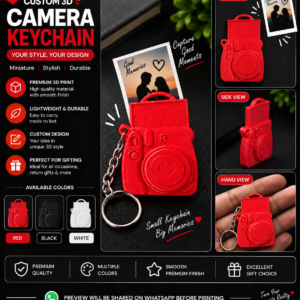 Custom 3D printed camera keychain in red with heart lens